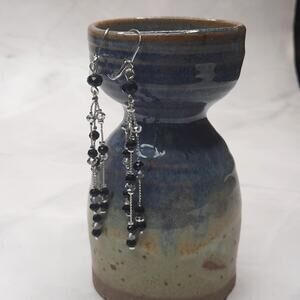Long Silver Beaded Dangle Earrings